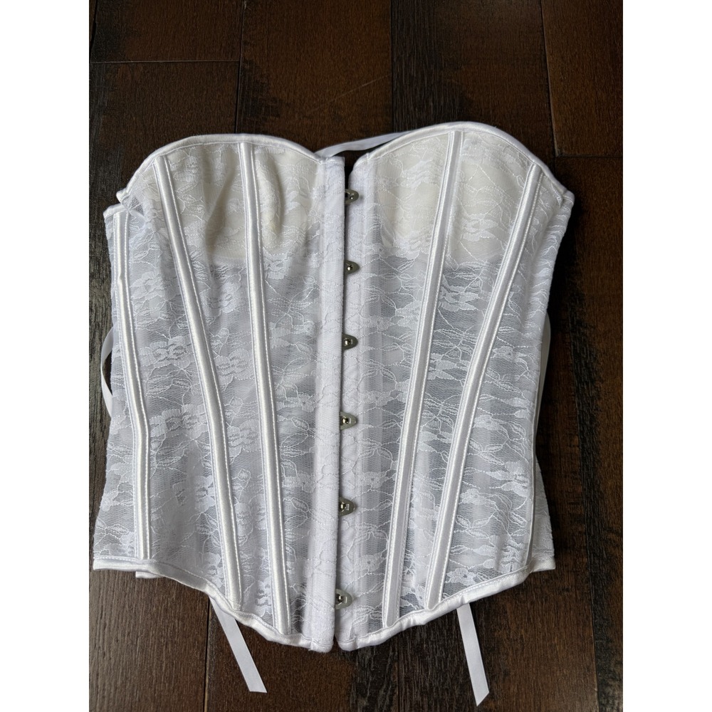 White Floral Lace Corset Top Boned Bustier Bridal Lace Up Back Small feminine